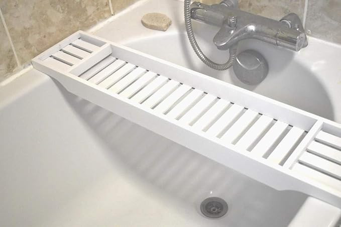 Unibos Bamboo Wood Bath Tub Rack Bathroom Shelf Tidy Tray Storage Caddy Organiser (White) | Amazon (UK)