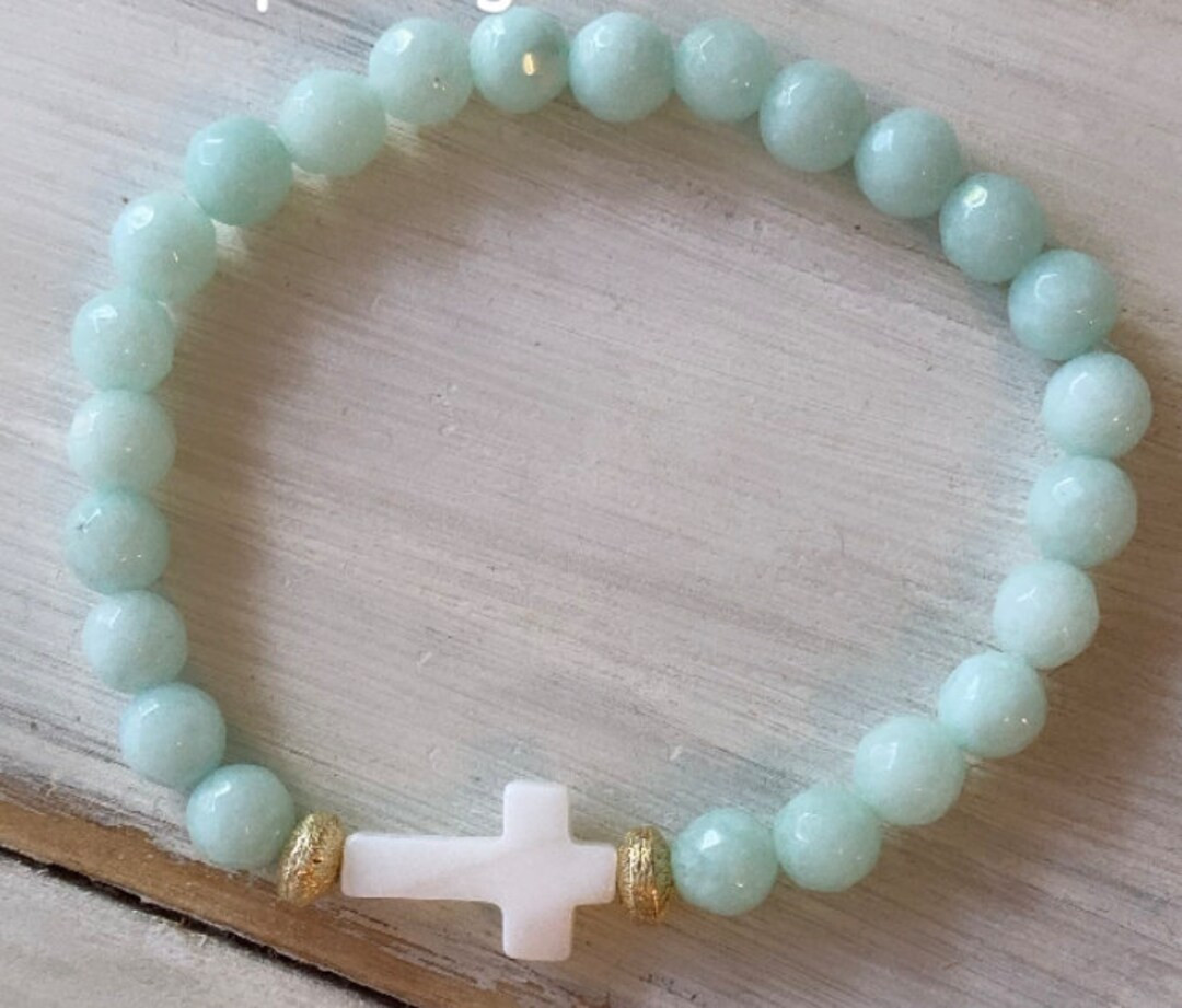 Jade beaded bracelet with mother of pearl cross | Etsy (US)