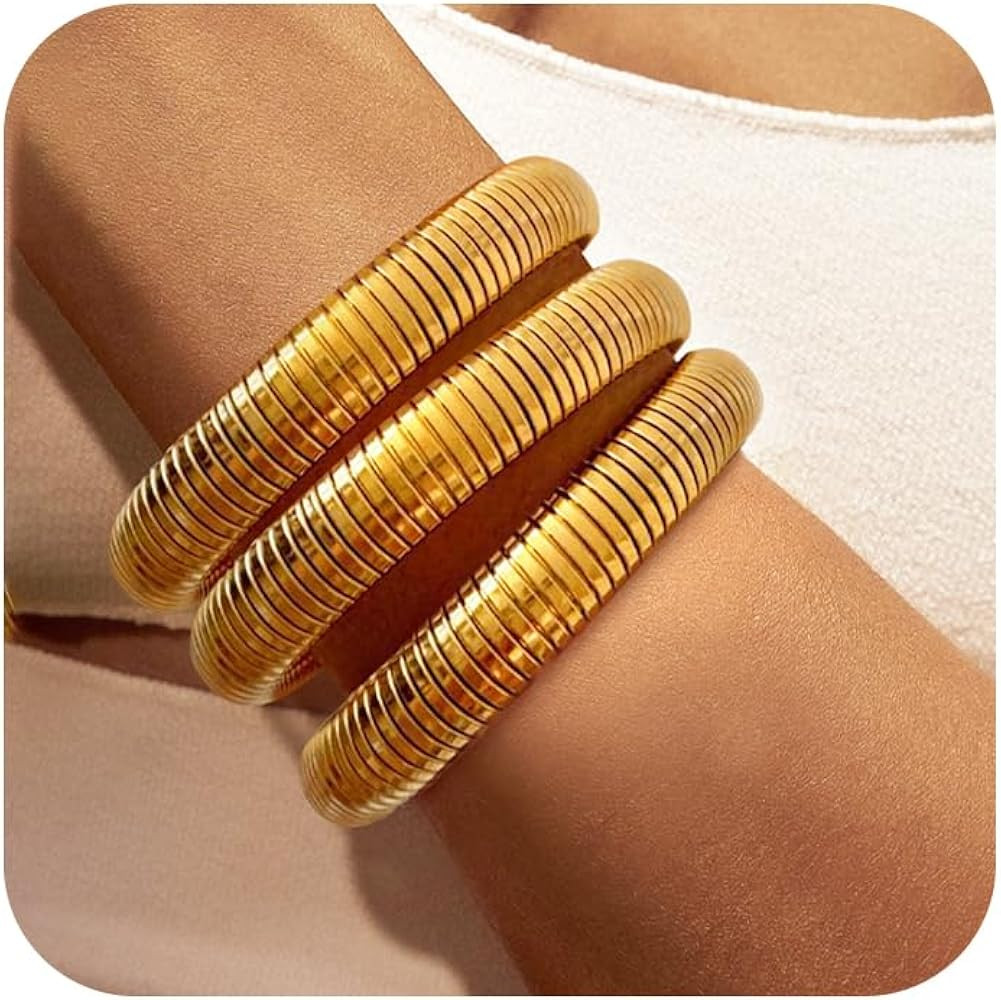Gold Bangles for Women Chunky Gold Bracelets 18K Gold Plated Stainless Steel Bangles Bracelets Fl... | Amazon (US)
