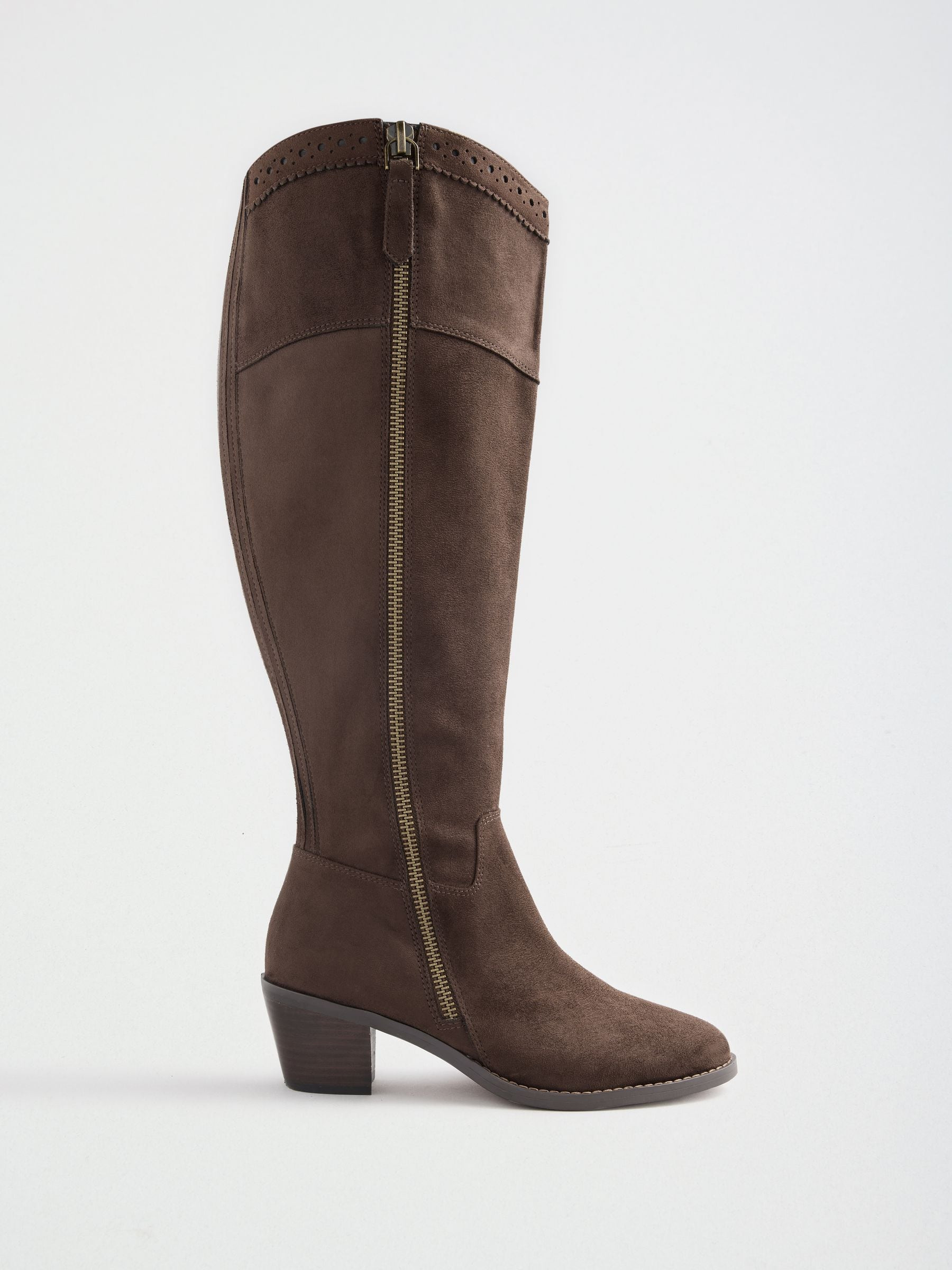 Love & Roses Love & Roses Chocolate Brown Faux Suede High Leg Zipped Mid Heel Riding Boots | Next US
