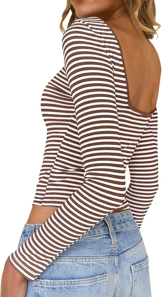 Long Sleeve Shirts for Women Sexy Backless Striped Tops Going Out T-Shirt Y2K Crop Womens Blouse ... | Amazon (US)