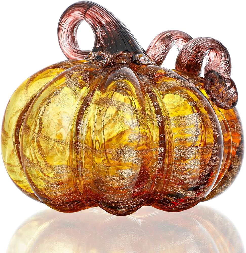 QFkris 5" Blown Glass Pumpkin Figurines Collectibles Fall Harvest Halloween Pumpkins Decor Crysta... | Amazon (US)