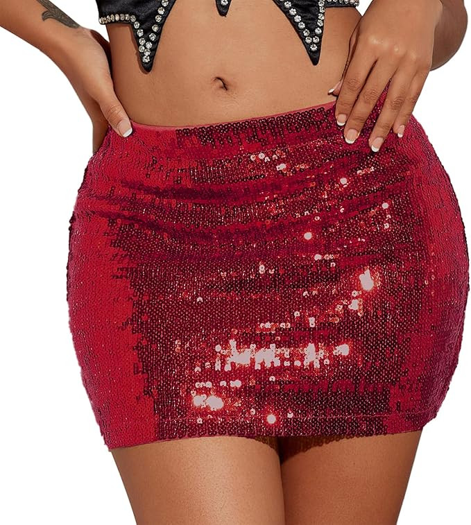 Women Sequin Skirt Sparkly Mini Skirt Low Waist Glitter Skirt Sexy Night Out Party Skirts for Wom... | Amazon (US)