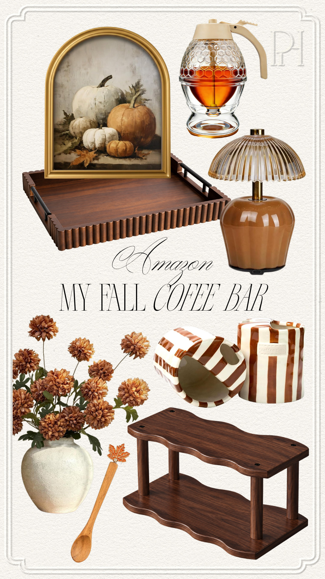 All the Amazon finds I filled up my fall coffee bar with!

seasonal home, fall decor, fall accents, autumn decor, autumn home, autumn accents, fall home, pumpkin wall art, fall wall art, artwork, honey dispenser, ceramic coffee cups, striped mugs, wood tray, scalloped edge tray, fall florals, orange stems, fall flowers, cordless lamp, brown table lamp, leaf spoons, stir spoons, coffee spoons 

 #LTKSeasonal #LTKHome