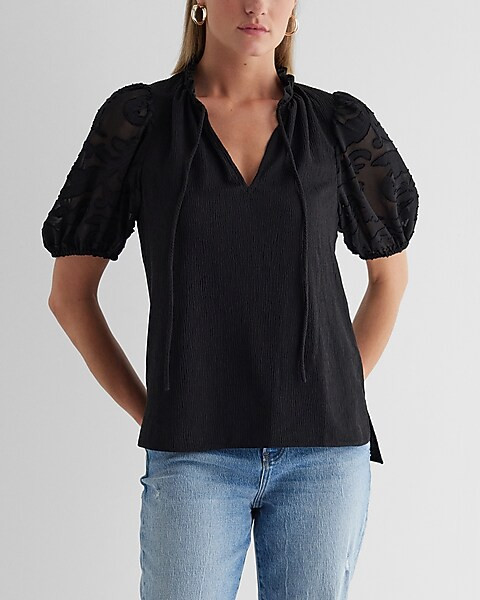 V-neck Sheer Puff Sleeve Drawstring Top | Express