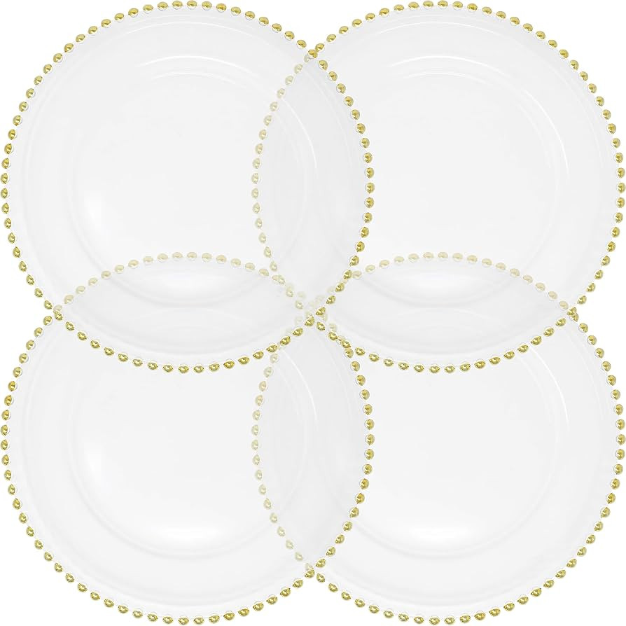 Clear Glass Charger 12.6 Inch Dinner Plate With Beaded Rim - Set of 4 - Gold | Amazon (US)
