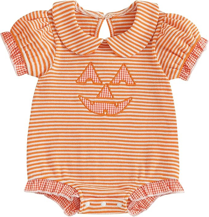 Newborn Baby Girl Halloween Outfit Pumpkin Embroidery Bubble Romper Waffle Striped Short Sleeve B... | Amazon (US)