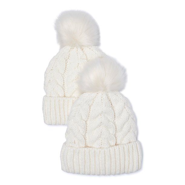Time and Tru Adult Women's Cable Knit Pom Beanie, 2-Pack | Walmart (US)