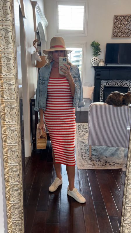 Sale 🚨 alert 
Amazon find

Striped bodycon soft striped tee shirt soft tank dress, comes in 7 colors. Perfect for vacation and warm Spring/summer days! Fits tts 

Cult gai bag 

Add Kut from kloth Amelia denim jacket, -white leather tennis shoes
- sun hat and fun jewelry .

#LTKstyletip #LTKsalealert #LTKfindsunder50