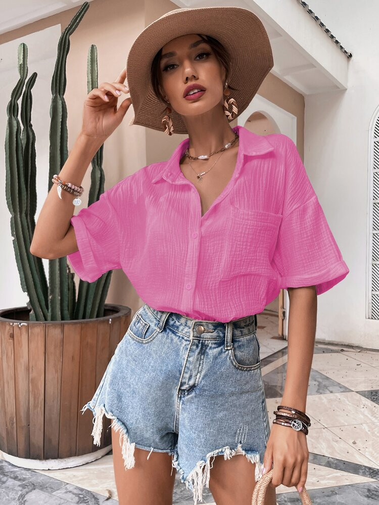 Roll Up Sleeve Pocket Front Textured Knit Blouse | SHEIN