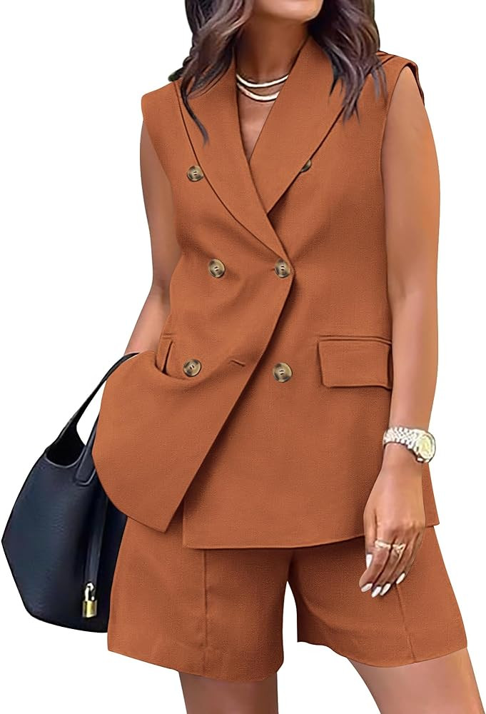 BTFBM Womens Blazer Vest Shorts Sets Lapel Neck Casual Sleeveless Button Down Office Summer 2 Pie... | Amazon (US)