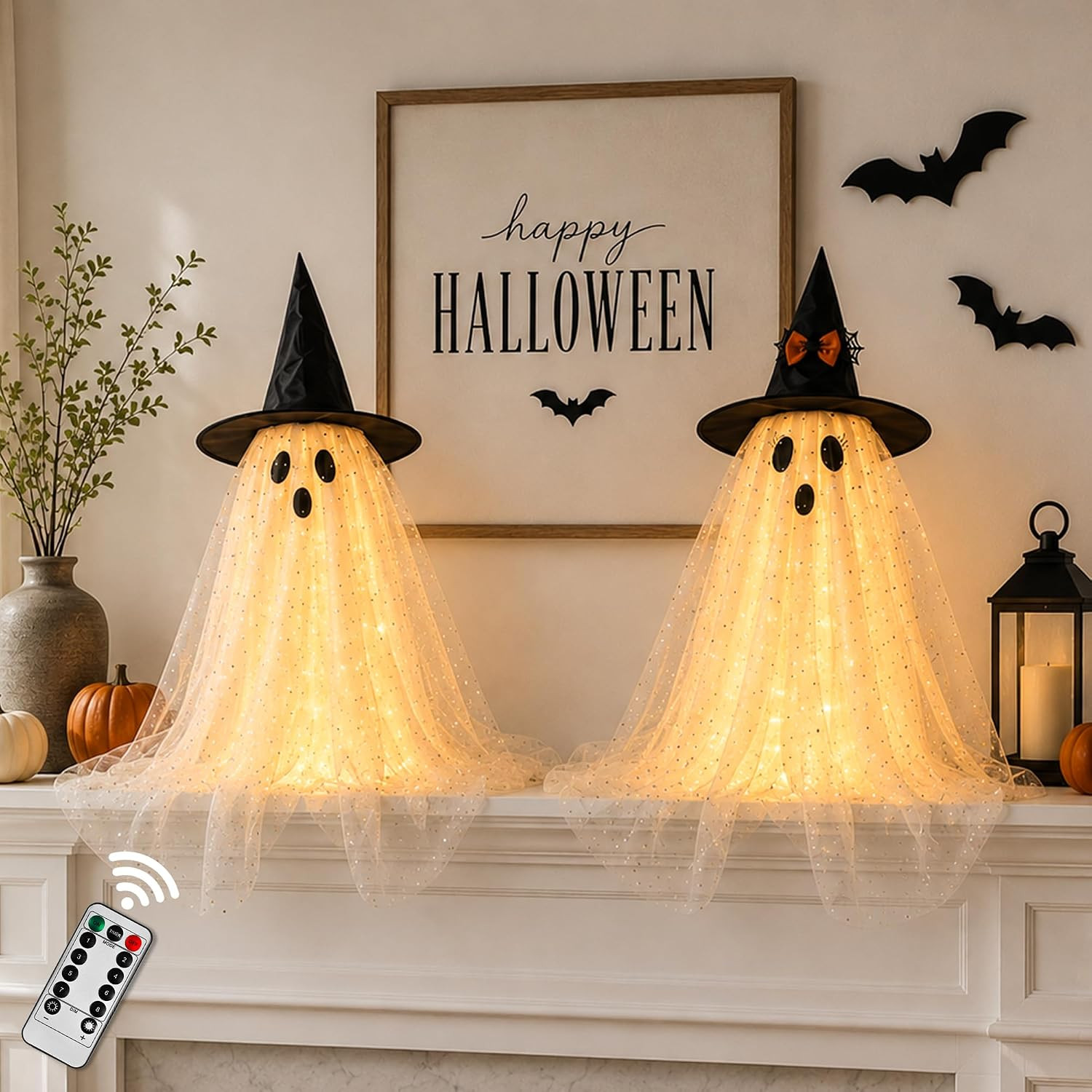 AYGXU 2pcs Halloween Decorations Indoor,Ghost Decor with String Lights Remote Control,Halloween Party Decorations,Spooky Ghost Light for Home Table Room Kitchen Office | Amazon (US)