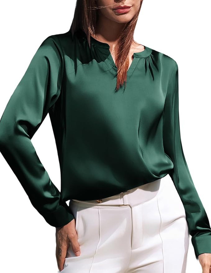 Women's Satin Silk Blouse V Neck Long Sleeve Dressy Casual Work Blouse Shirts Pullover Tops Green... | Amazon (US)