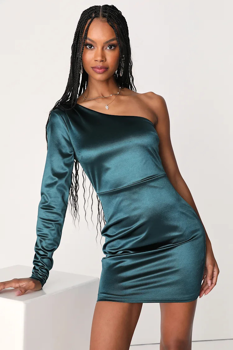 Celebration Sensation Dark Teal Satin One-Shoulder Mini Dress | Lulus (US)