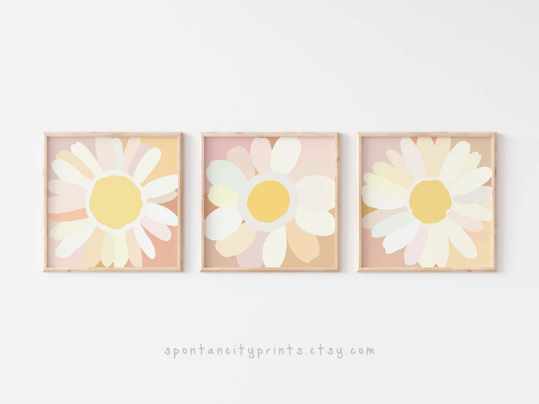 Set of 3 Orange Pink Daisy Wall Art Print Blush White Simple - Etsy | Etsy (US)