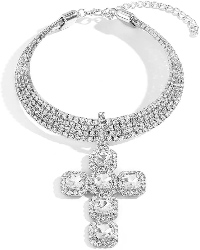 Cross Rhinestones Choker Necklaces for Women Sparkly 4 Row Diamond Tennis Necklace Statement Fash... | Amazon (US)