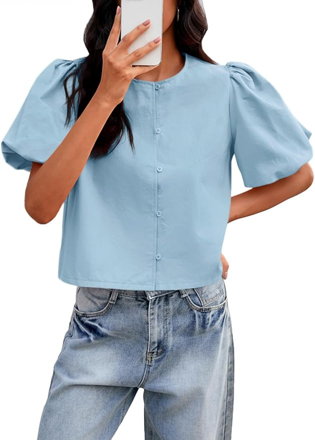 Tankaneo Womens Cropped Tops Puff Sleeve Button Down Shirts Trendy Casual Loose Fit Cute Blouse | Amazon (US)