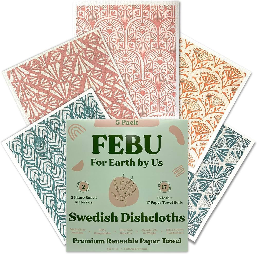FEBU Swedish Dishcloths for Kitchen | 5 Pack Stamps Swedish Dish Towels | Reusable Paper Towels W... | Amazon (US)