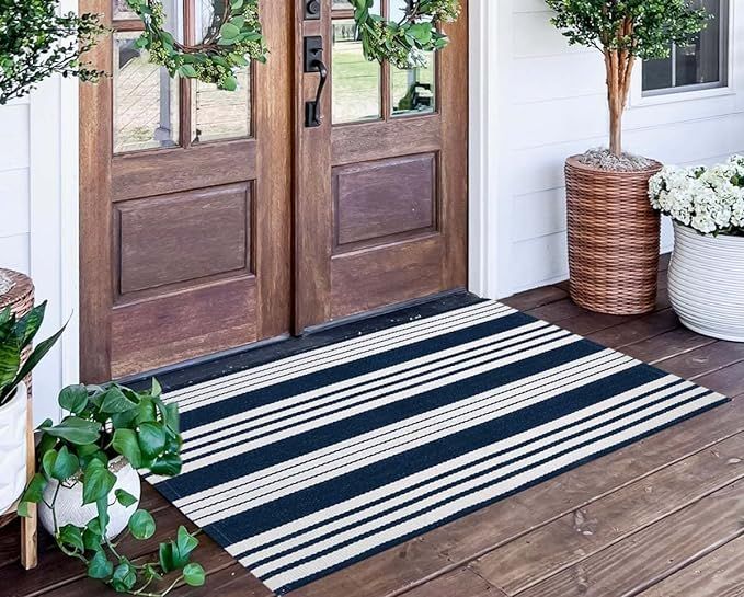 Blue and White Striped Rug 24'' x 51''Outdoor Front Porch Rug Hand-Woven Machine Washable Indoor/... | Amazon (US)