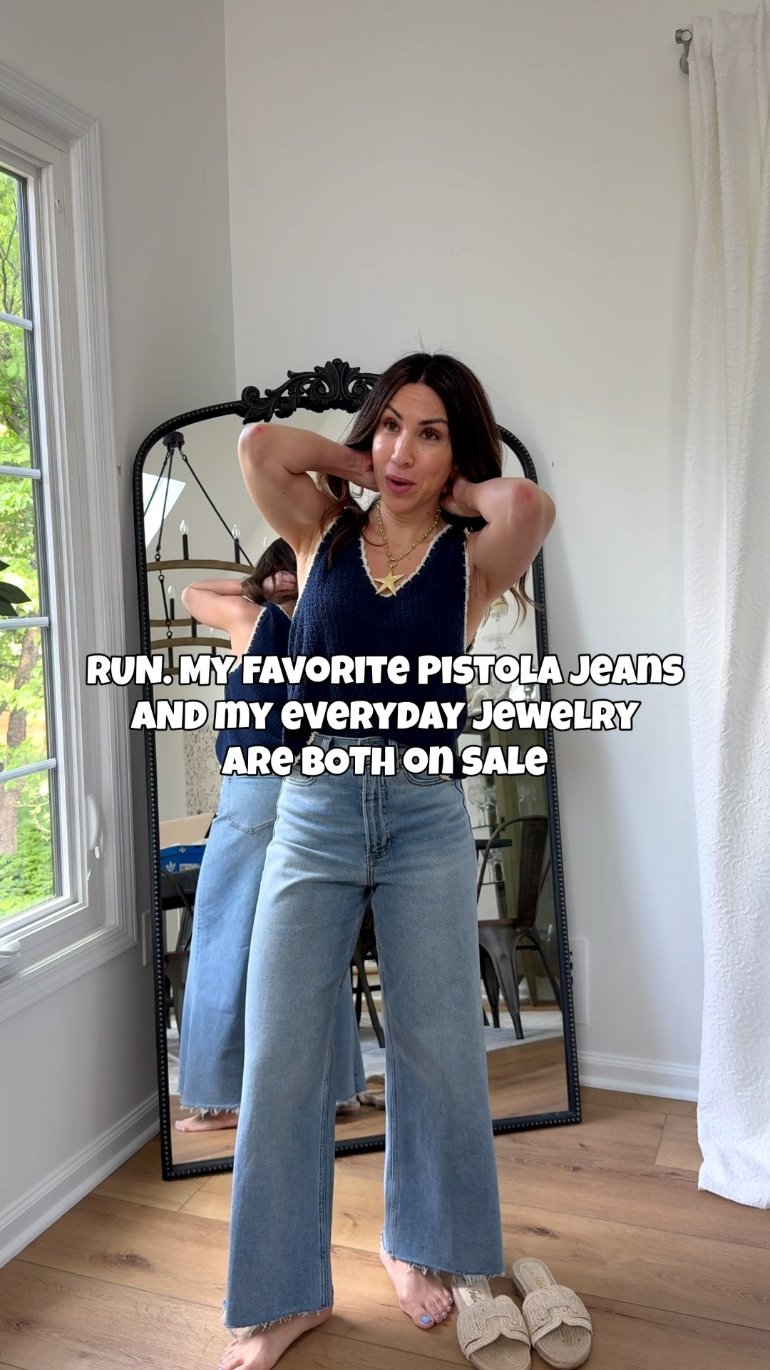 If you’ve hung around here long enough, you all know these are my favorite jeans and the only jewelry. I pretty much wear. I found my holy grail Pistola jeans in this wash on sale through today for $101.52 and another wash for $79.97 (normally $188). Stretch, cropped wide leg and just get better and better with every wear and wash. AND my go to jewelry is all 30% off with code SUMMER. 2 solid sales! 

Shopbop code EXTRA10. Jewelry code SUMMER. Wide leg jeans I size up to a 26. Tank small. Sandals TTS. ￼

#LTKSaleAlert #LTKOver40 #LTKPetite