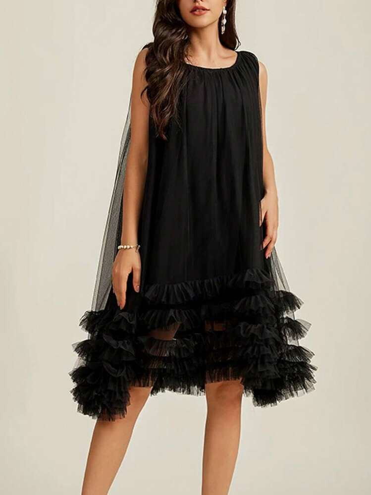 Celure Plus Size Women Elegant Flowy Relaxed Fit Round Neck Sleeveless Mesh Layered Casual Dress,... | SHEIN