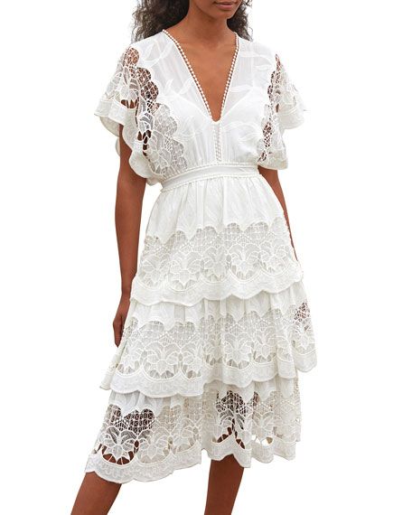 Farm Rio Off-White Richelieu Tiered Midi Lace Dress | Neiman Marcus