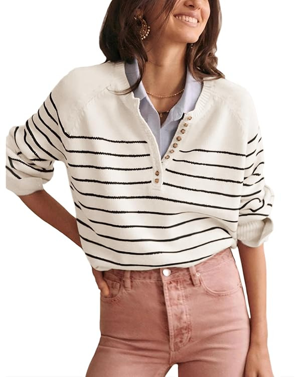 Hongsui Women's Color Block Striped Sweaters Button Up Crewneck Pullover Ribbed Knit Sweater Tops | Amazon (US)