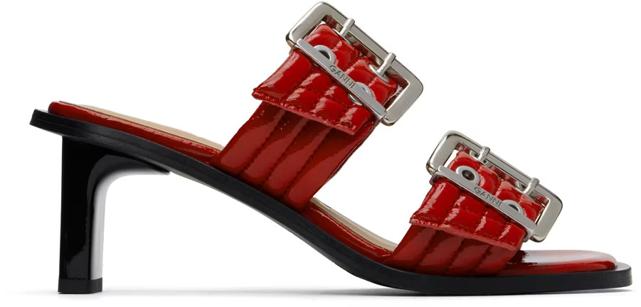 Red Feminine Buckled Mule Heeled Sandals | SSENSE
