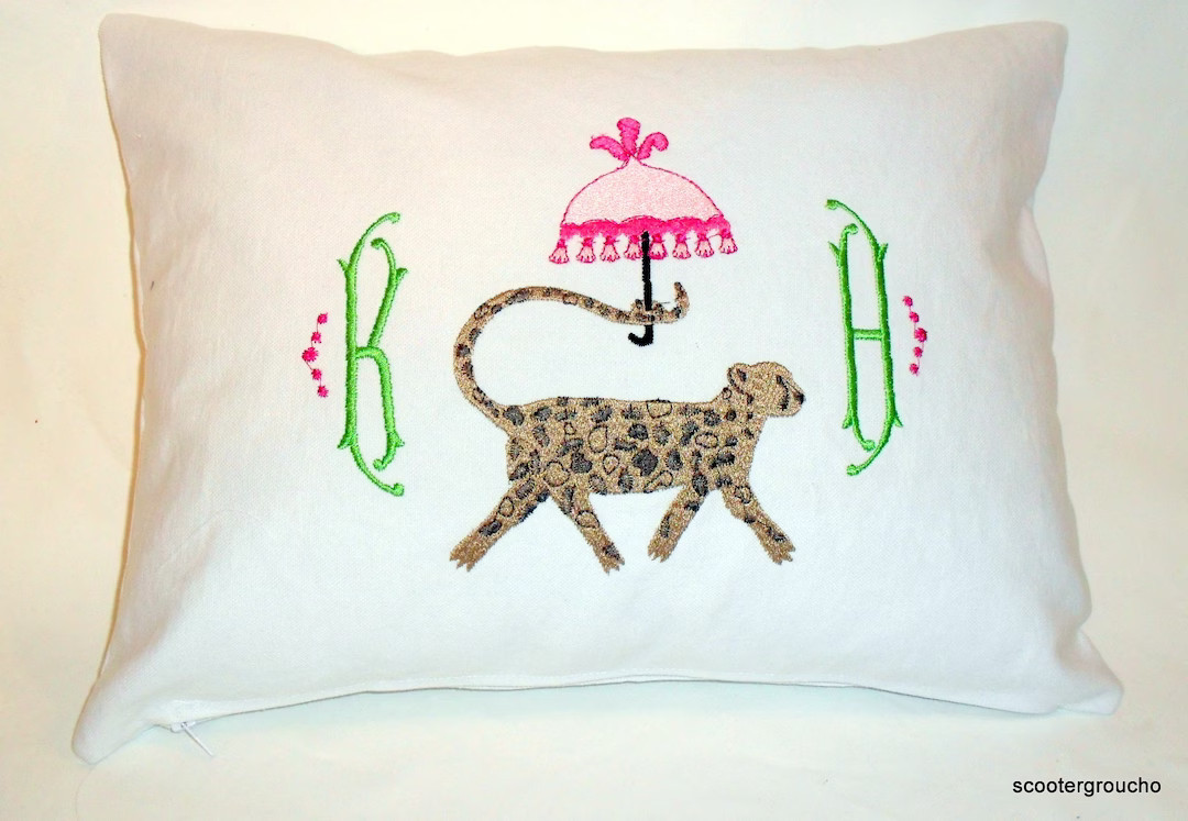 Custom Chinoiserie Cheetah with Parasol Embroidered Monogram Pillow -12" by 16"- Complete Pillow ... | Etsy (US)
