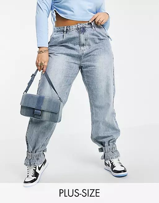 Missguided Plus recycled mom jean with buckle detail in lightwash blue | ASOS (Global)