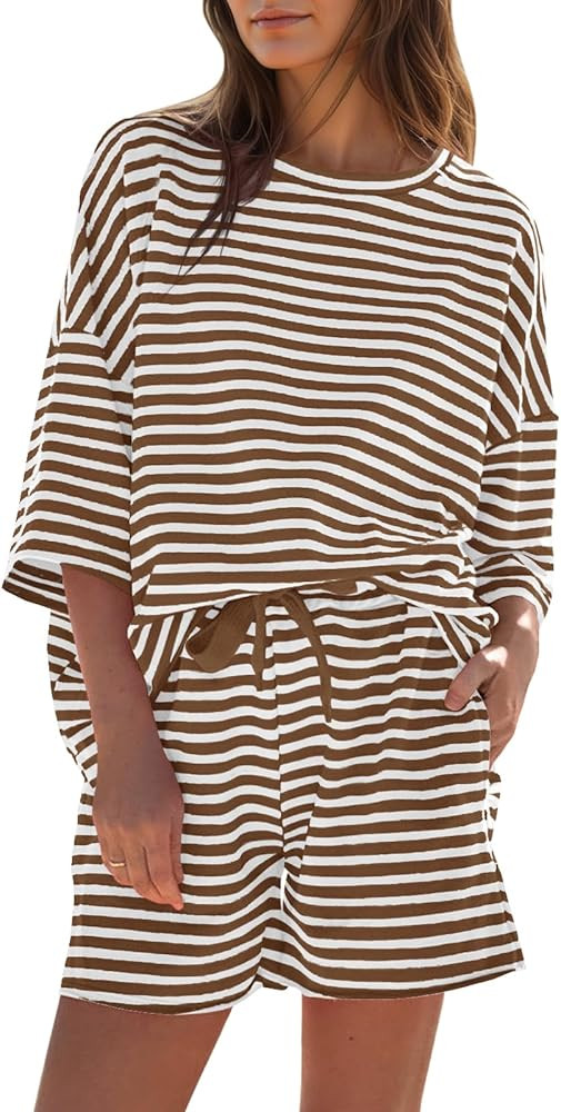 Fisoew Womens Striped 2 Piece Outfits Sweatsuits 3/4 Sleeve Oversized Tops High Waisted Shorts Ca... | Amazon (US)