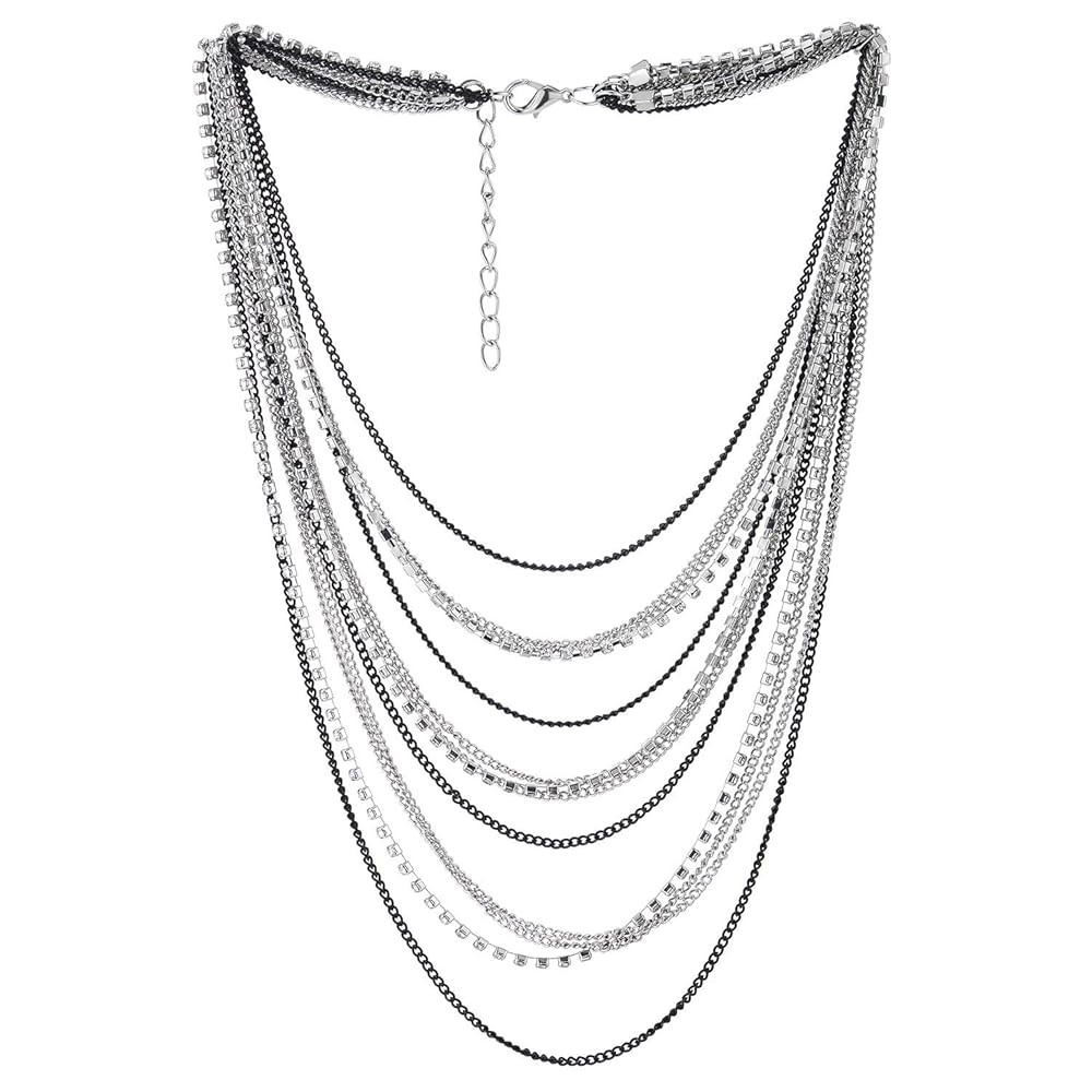 COOLSTEELANDBEYOND Waterfall Multi-Strand Chains Statement Collar Necklace with Rhinestones Chain... | Amazon (US)