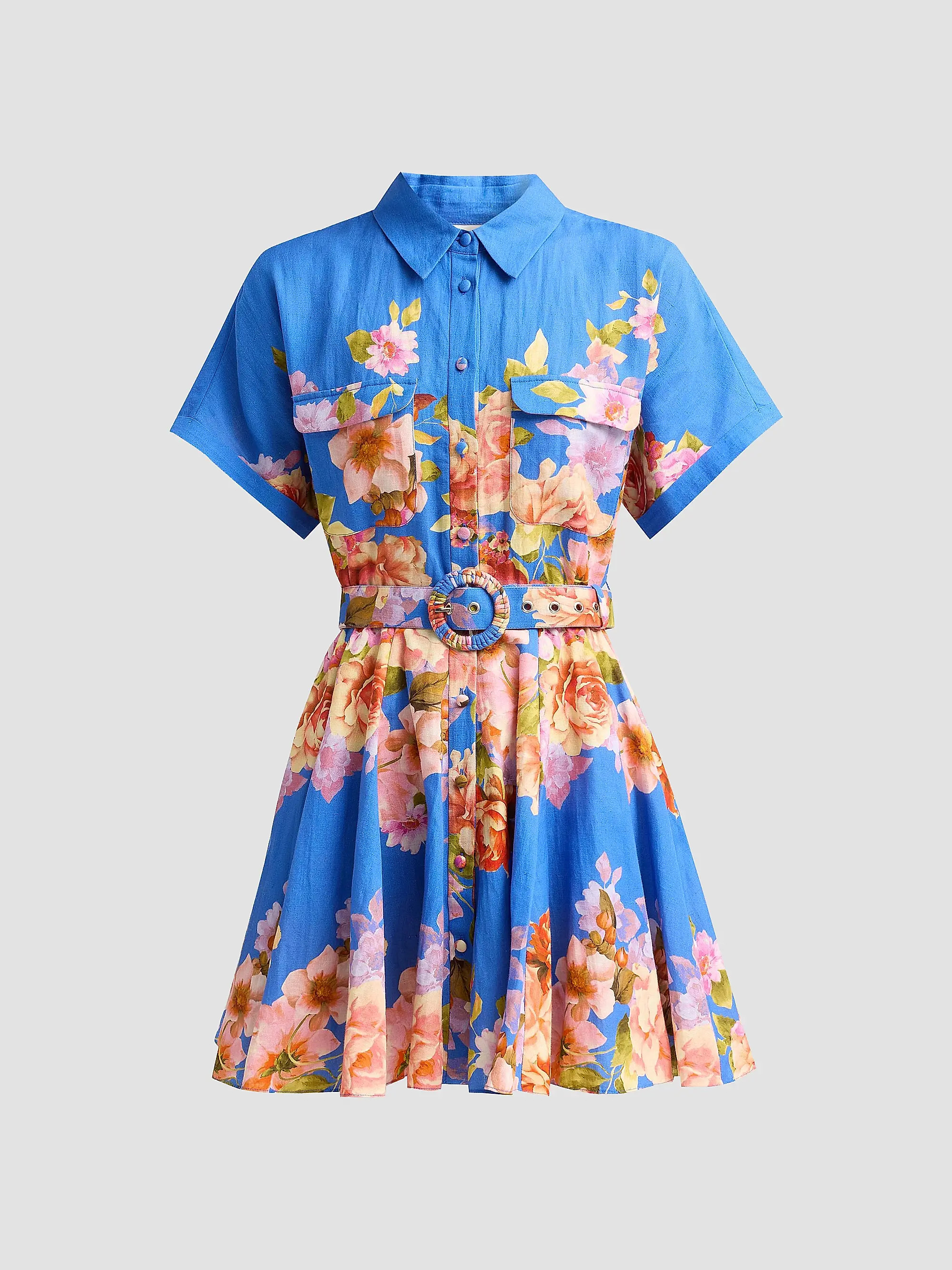 Floral Linen-Cotton Belted Mini Shirtdress | Saks Fifth Avenue