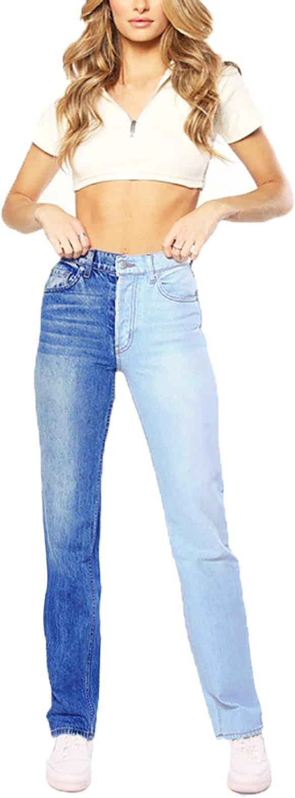 Women's High Waist Two Tone Color Block Jeans Straight Leg Stretchy Denim Pants | Amazon (US)