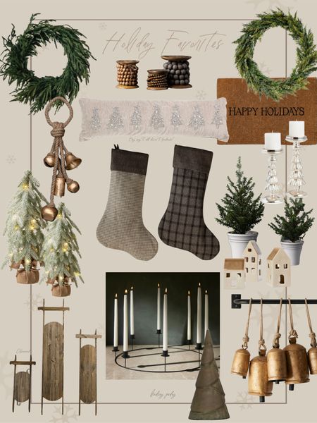 Holiday home decor favorites 

Wreath , bells , stockings , plaid , tabletop trees , vintage sled , wooden sled , candles , throw pillow , front door mat , flocked tree 

#LTKhome #LTKSeasonal #LTKHoliday