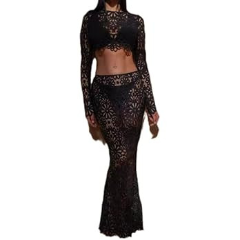 Womens Lace 2 Piece Skirt Set Long Sleeves Round Neck Floral Hollow Out Top with Maxi Skirt Y2K V... | Amazon (US)