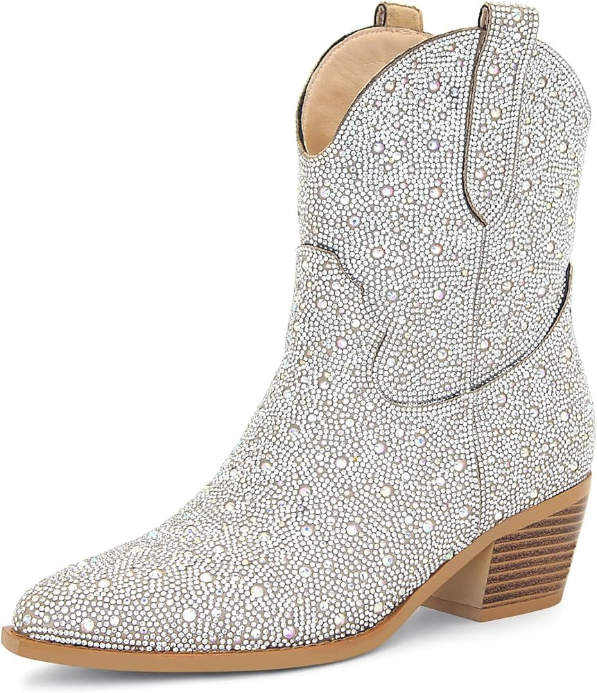 STALOV Short Cowgirl Boots for Women Embroidered Cowboy Ankle Boots,Pointed Toe Low Chunky Heel P... | Amazon (US)