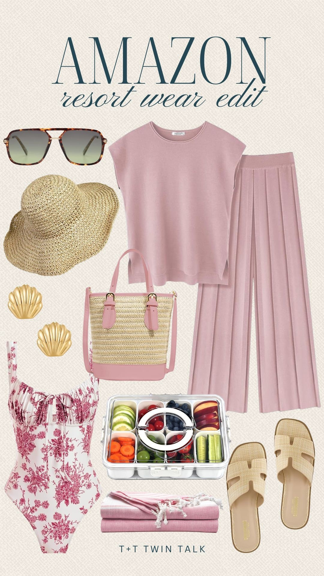 Amazon resort wear finds. This pink matching set and neutral slides are perfect for a beach day  

#LTKStyleTip #LTKOver40 #LTKSeasonal