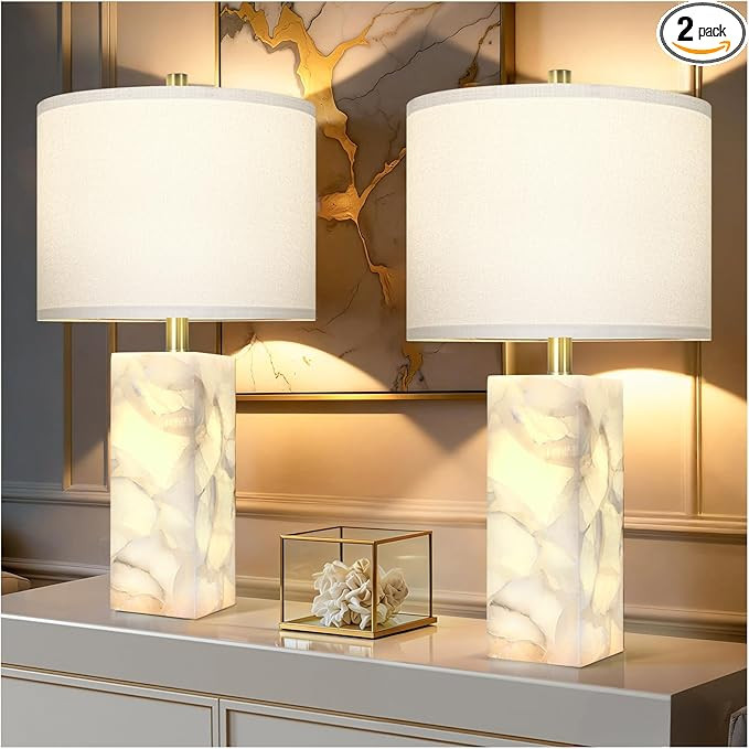 Scenekoy Alabaster Table Lamp Set of 2 with Night Light for Bedroom Living Room, 23" Rotary Switc... | Amazon (US)
