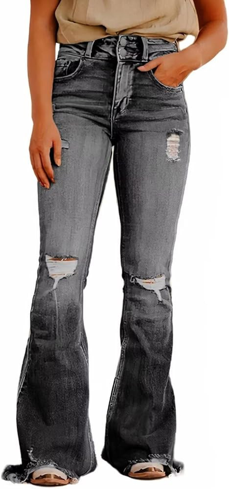 Flamingals Flare Bell Bottom Jeans for Women Raw Hem High Waist | Amazon (US)
