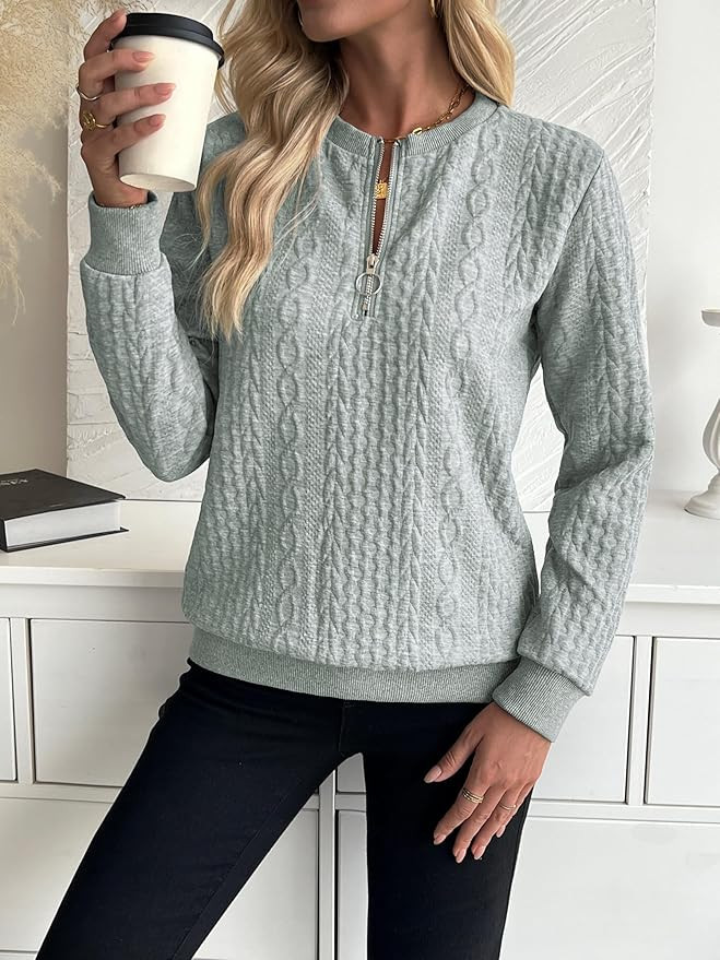 Chic Women's Half-Zip Pullover Sweatshirt - Elegant Solid Color, Long Sleeve with Textured Cable ... | Amazon (US)