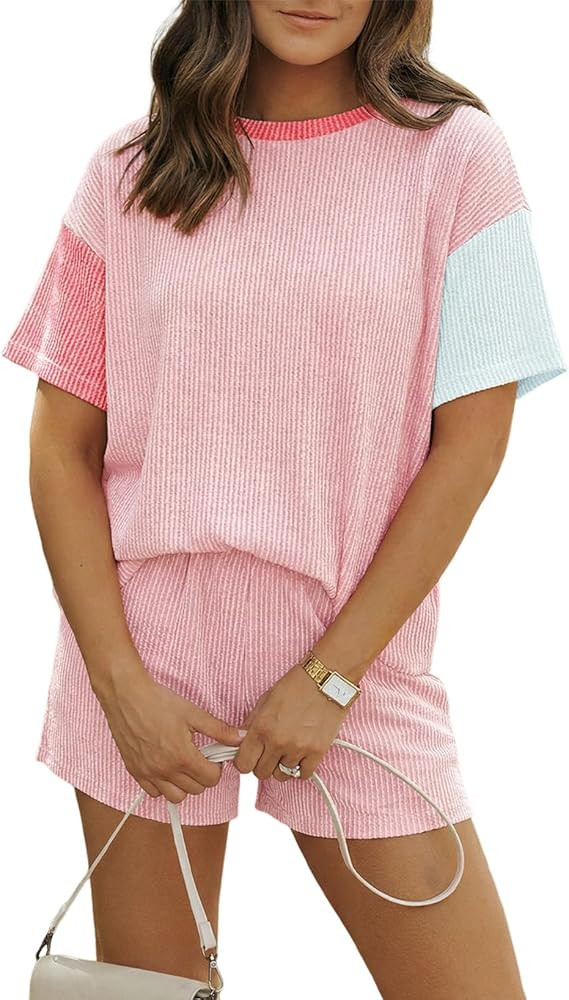 MARZXIN Women 2 Piece Shorts Set 2026 Casual Summer Cruise Outfits Ribbed Loose Short Sleeve Pock... | Amazon (US)