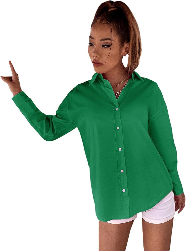 MakeMeChic Women's Solid Drop Shoulder Button Up Long Sleeve Blouse Top | Amazon (US)
