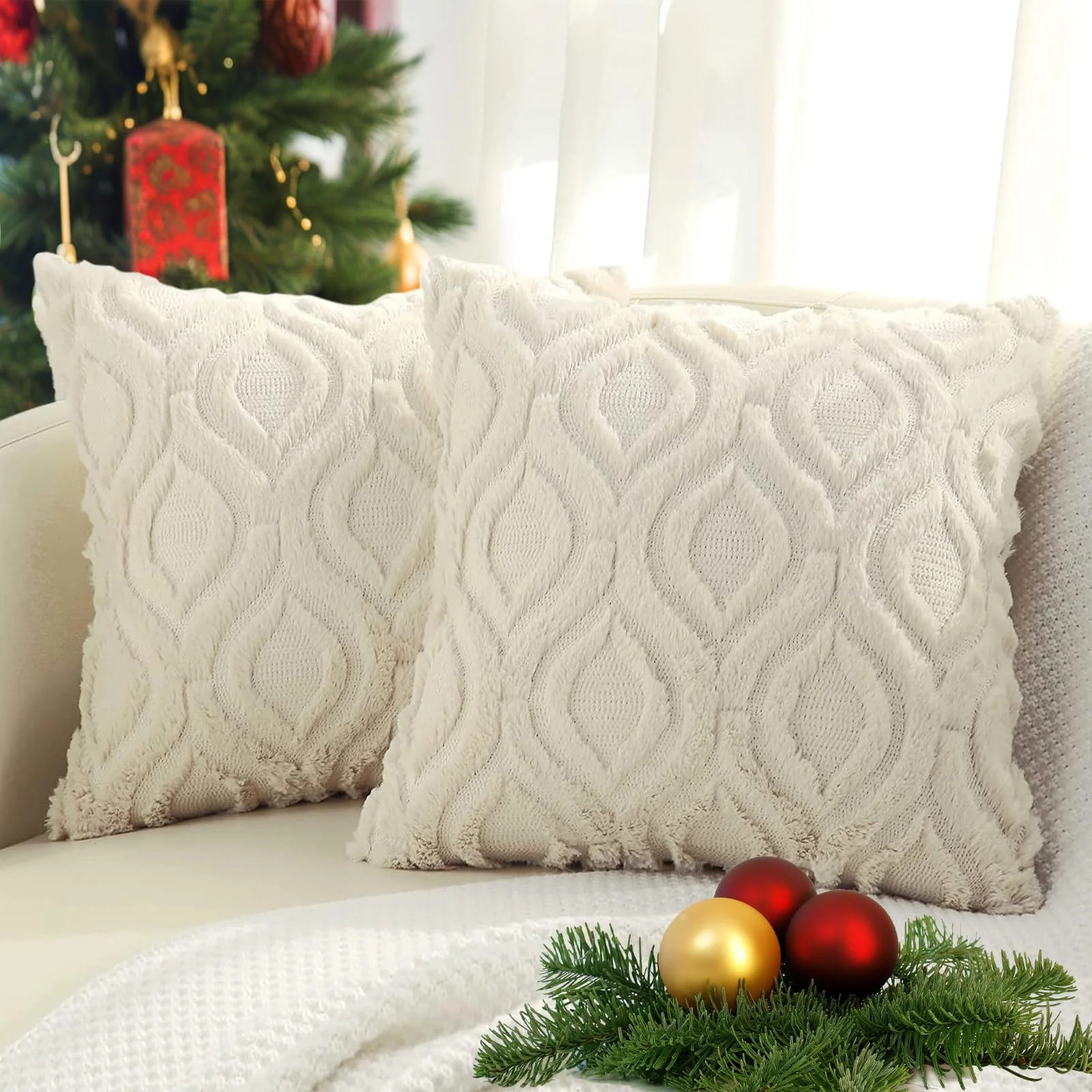 decorUhome Pack of 2 Throw Pillow Covers 24x24, Soft Plush Faux Wool Couch Pillow Covers, Beige (... | Walmart (US)