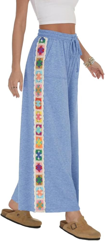 Womens Wide Leg Pants Stretch Casual Drawstring Waist Loose Lounge Sweatpants Crochet Panel Pant ... | Amazon (US)