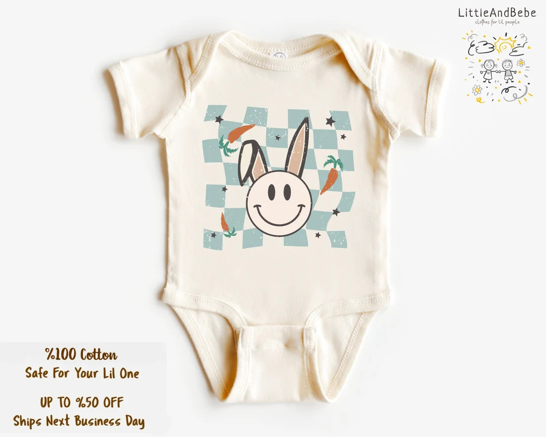 Checker Bunny Easter Bodysuit For Boys, Retro Toddler Boy Shirts, Trendy Bunny T-Shirt, Easter Ba... | Etsy (US)