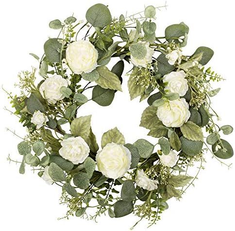 18 inch Artificial Spring Wreath White Peony Floral Wreath for Front Door Wall Wedding Party Home... | Amazon (US)