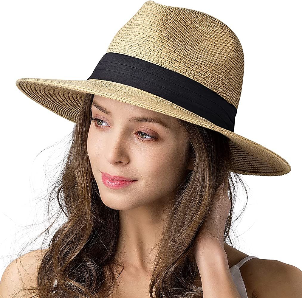 Womens Mens Wide Brim Straw Panama Hat Fedora Summer Beach Sun Hat UPF Straw Hat for Women | Amazon (US)