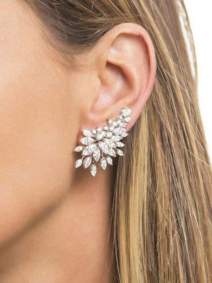 1 Pair Casual Bride Cubic Zirconia White Gold Plated Leaf Stud Earrings, Handmade, Fashion Accessories For Spring & Summer | SHEIN