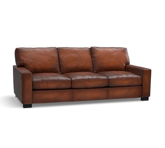 Turner Square Arm Leather Sleeper Sofa 3-Seater 82.5" Polyester Wrapped Cushions, Burnished Saddle | Pottery Barn (US)